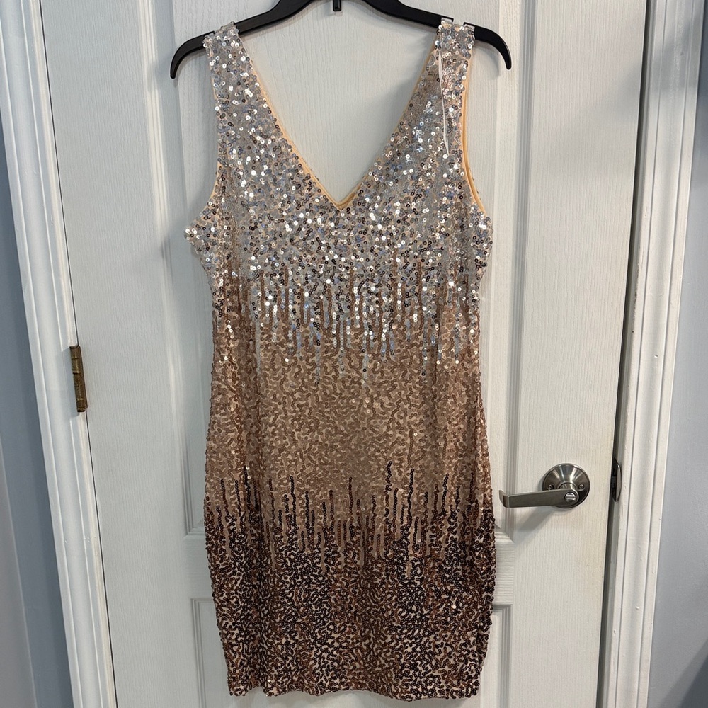Glamorous Sequin V-Neck Mini Dress in Gold and Brown